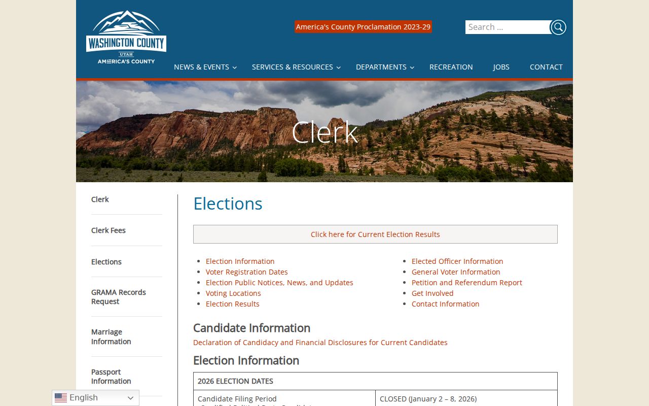 Washington County elections office for Hurricane voter registration records